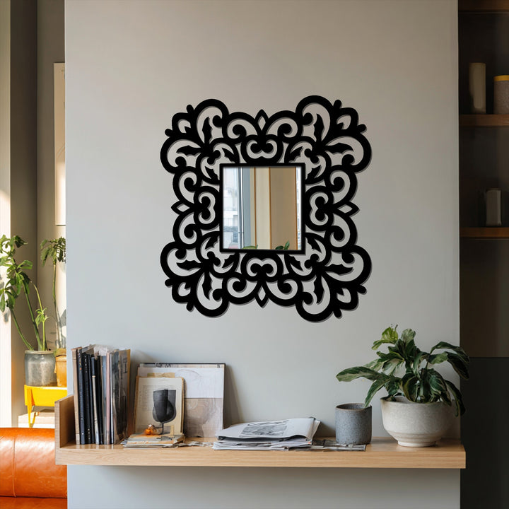 The tranquil mood is captured in this ornate floral scroll frame square floor mirror, a modern mirror with decorative metal art enhancing its intricate details.