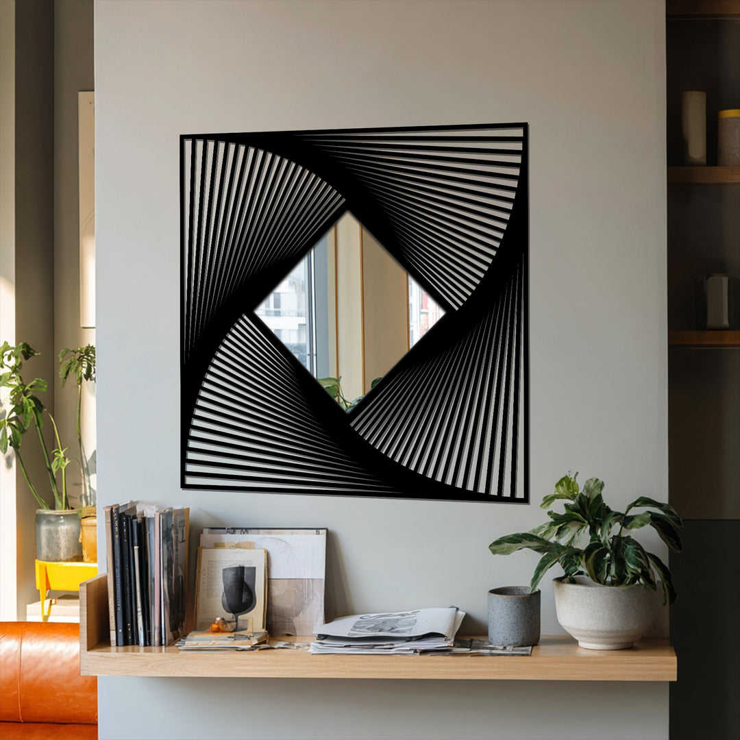 Low color saturation highlights the bold geometric design of the radial line art frame in this unique, modern wall mirrors with a diamond floor mirror center.