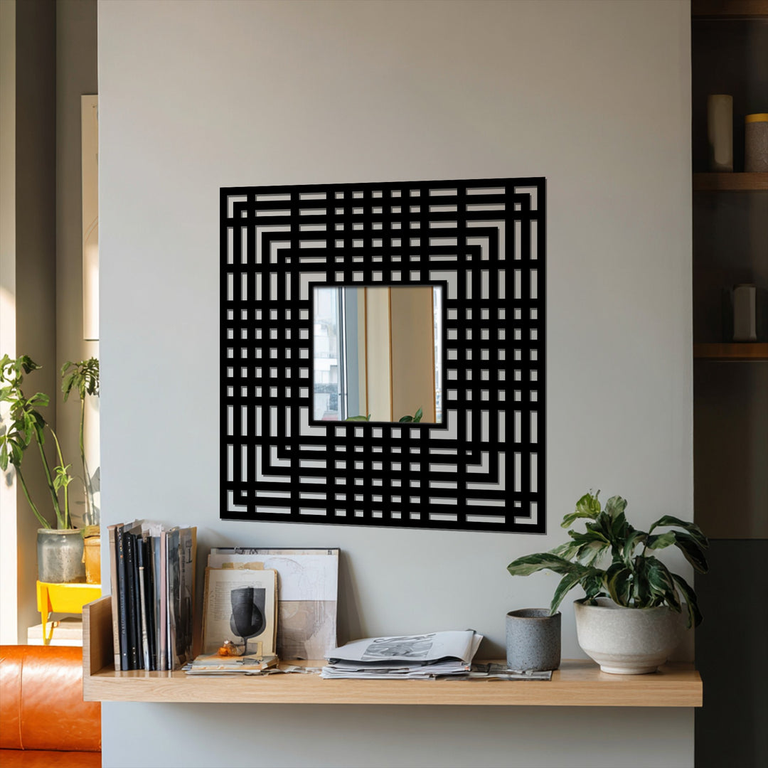 The realistic detail showcases the intricate geometric grid of the modern mirror frame, highlighting the linear design's clean lines and the square mirror's reflection within the decorative metal wall decor.
