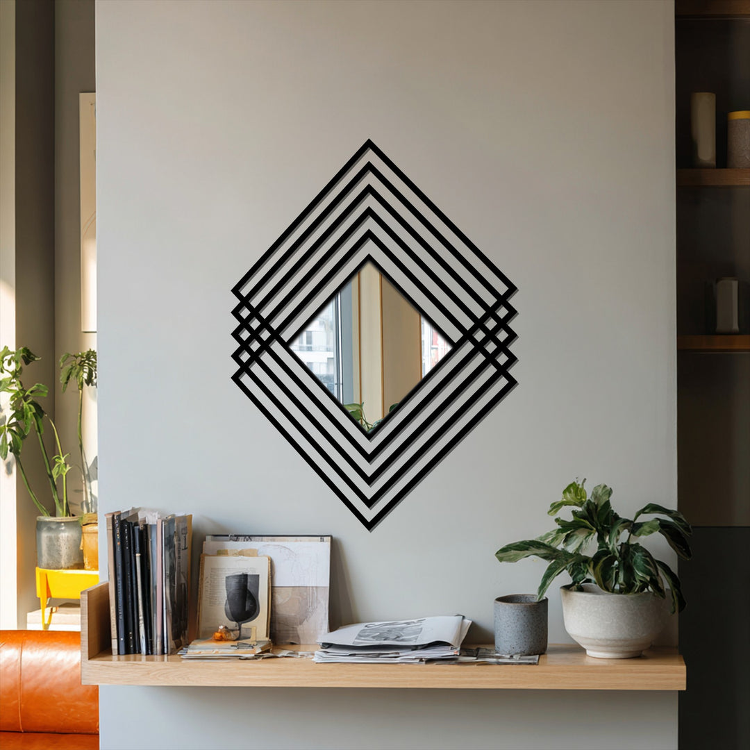 Light and shadow interplay across the layered diamond frame of the modern decorative mirror, accentuating its geometric metal floor mirror design.