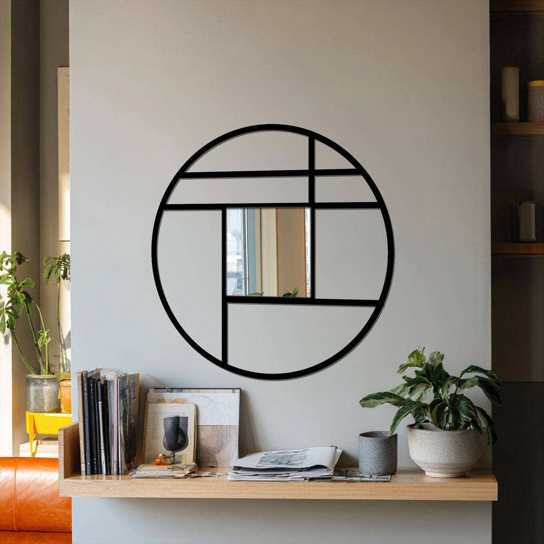 A light grey wall acts as a neutral backdrop to the geometric circle frame floor mirror, showcasing the black metal art for wall design.