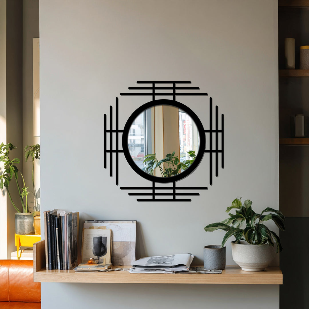 Against the neutral background, a modern framed wall mirror reflects a room interior, juxtaposed with a light wood shelf featuring books and plants.