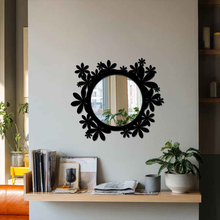 Reflecting the gentle light, the round center mirror for wall decor contrasts with the bolder floral frame of the Bloom Halo metal decorative floor mirror.