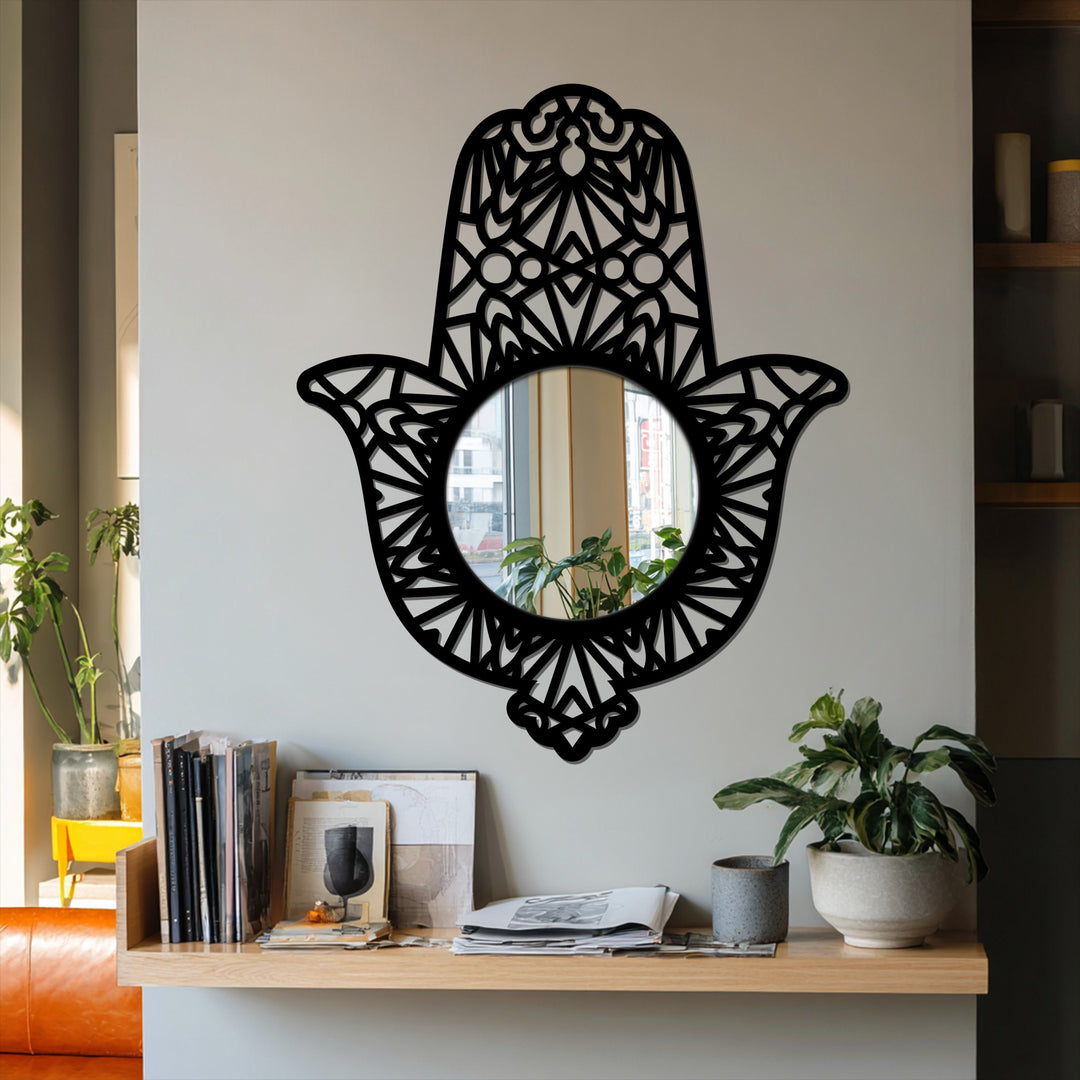 Mano Sagrada Decoración De Pared Metal Espejo con diseño ornamental de Hamsa negra