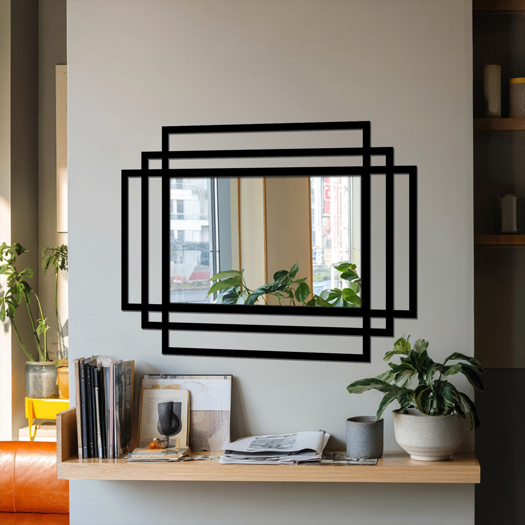 Cadres rectangulaires superposés Décoration Murale Métal Miroir–Design architectural noir moderne