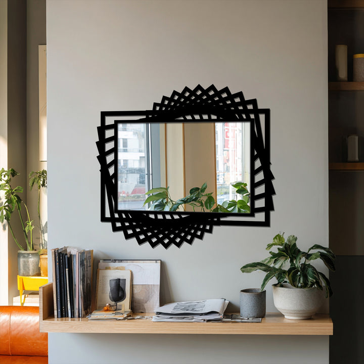 The stillness in the room is reflected in the dynamic twist frame design of the modern wall mirrors, featuring a unique black layered frame.