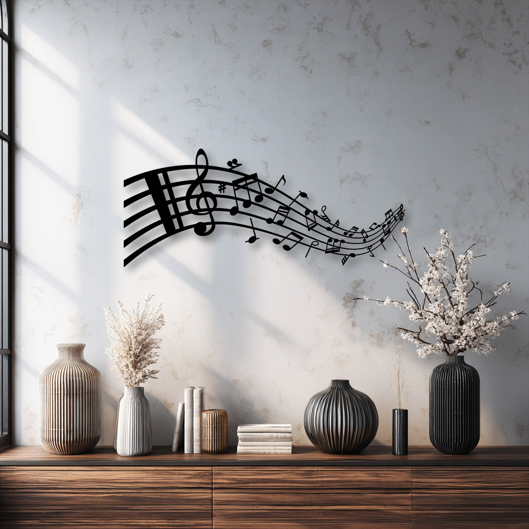 With striking depth and layers, the black flowing musical notes metal wall decor with a prominent treble clef creates a dynamic visual.