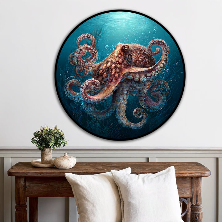 Black edging accentuates the circular Deep Ocean Guardian Octopus oil painting home decor, creating a defined border around the vibrant underwater scene.