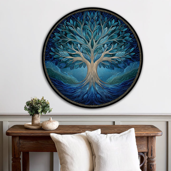 Highlighting the layering effect, this Azure Life Tree exhibits depth with an array of blue hues in this round, symbolic oil painting art prints piece.