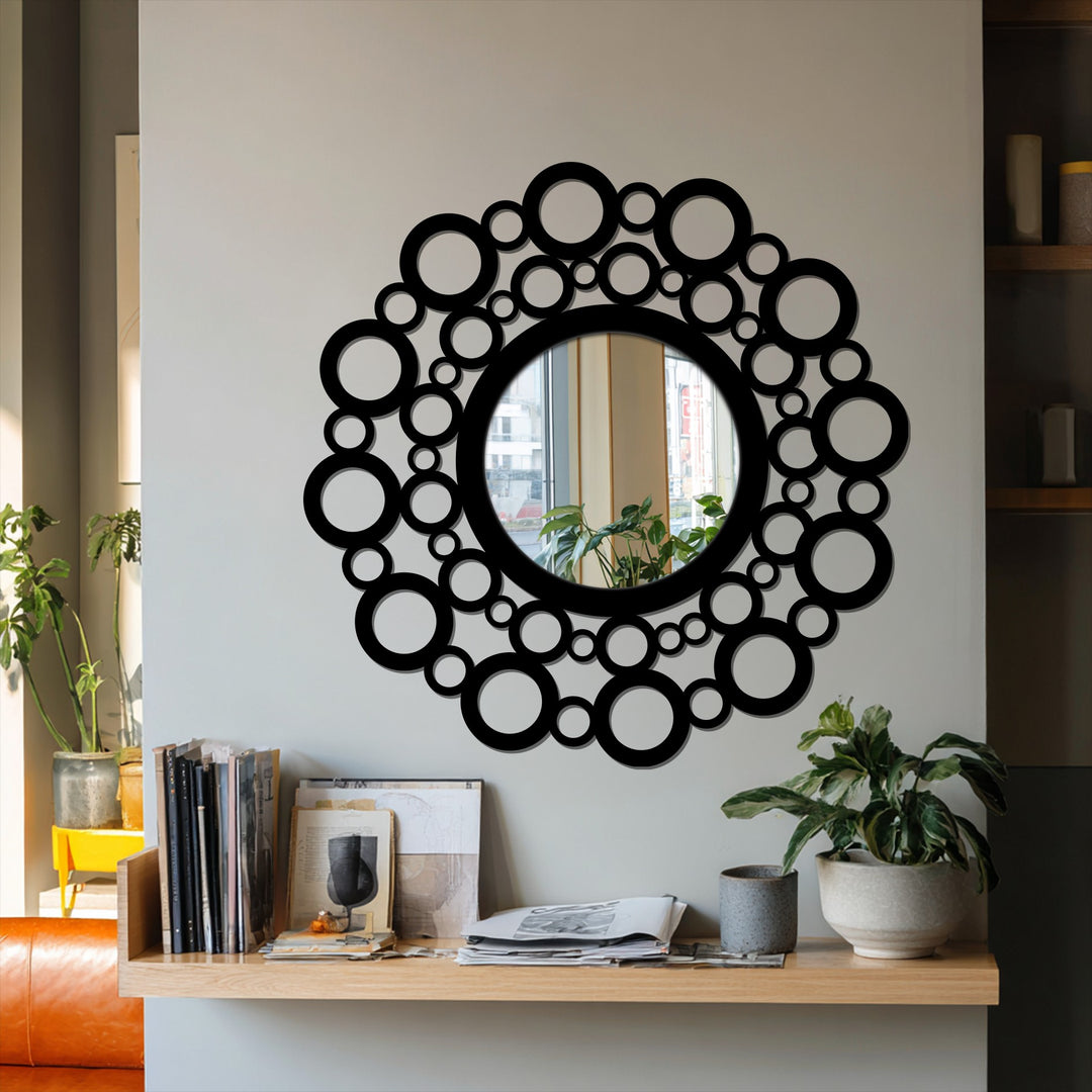 Horizontal, round bubble circle frame modern wall mirrors create an artistic metal wall decor piece for interiors with a contemporary design.