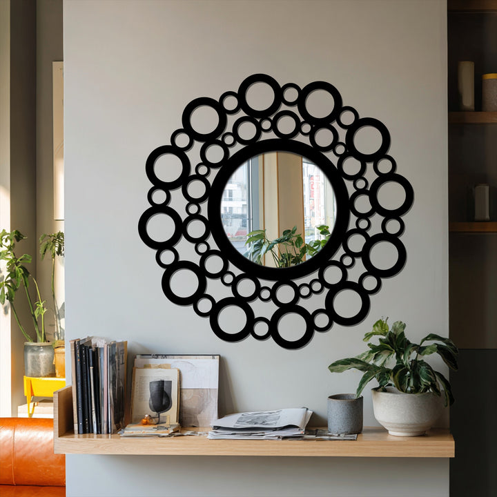 Horizontal, round bubble circle frame modern wall mirrors create an artistic metal wall decor piece for interiors with a contemporary design.