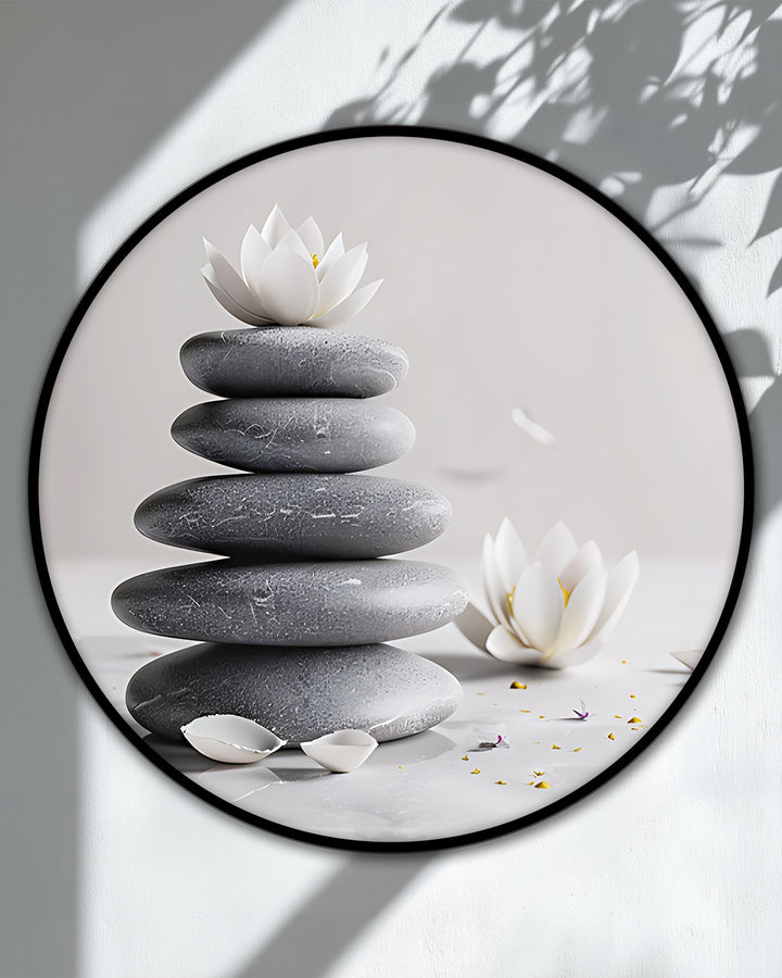 The brightest area illuminates a minimalist Zen balance stones with lotus round canvas print, a big canvas prints, featuring a spa aesthetic with the petals' serene display.