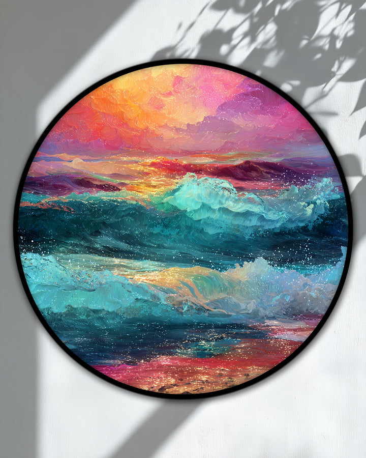 Vertical, round canvas painting features a vivid sunset waves colorful ocean wall art in a stunning circular design.