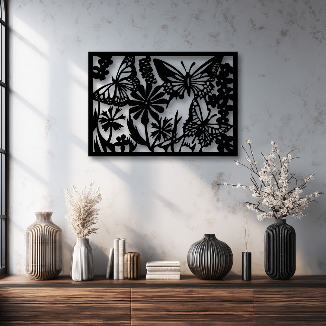 Negative space expertly outlines the elegant floral and butterfly silhouettes within this captivating metal wall art for wall.