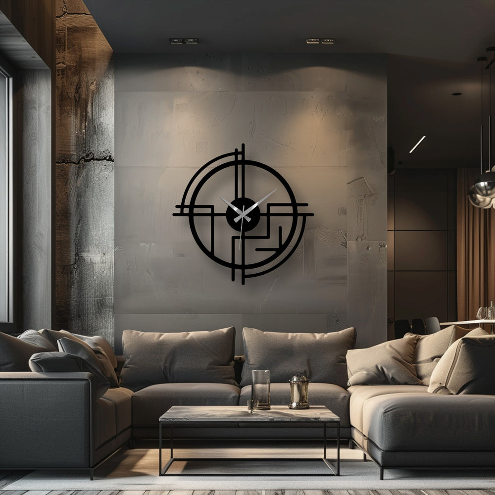 The stillness of the room highlights a modern abstract line metal wall clock, an example of distinctive metal wall decor enhancing the calm ambiance.