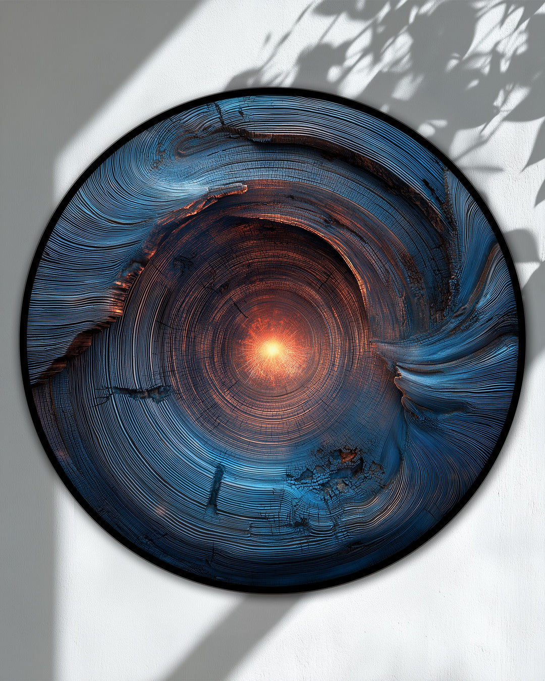 Light and shadow define the depth and texture in this radiant core abstract round canvas print, showcasing high quality canvas prints with a mesmerizing, energy-filled design.