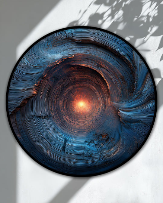 Light and shadow define the depth and texture in this radiant core abstract round canvas print, showcasing high quality canvas prints with a mesmerizing, energy-filled design.