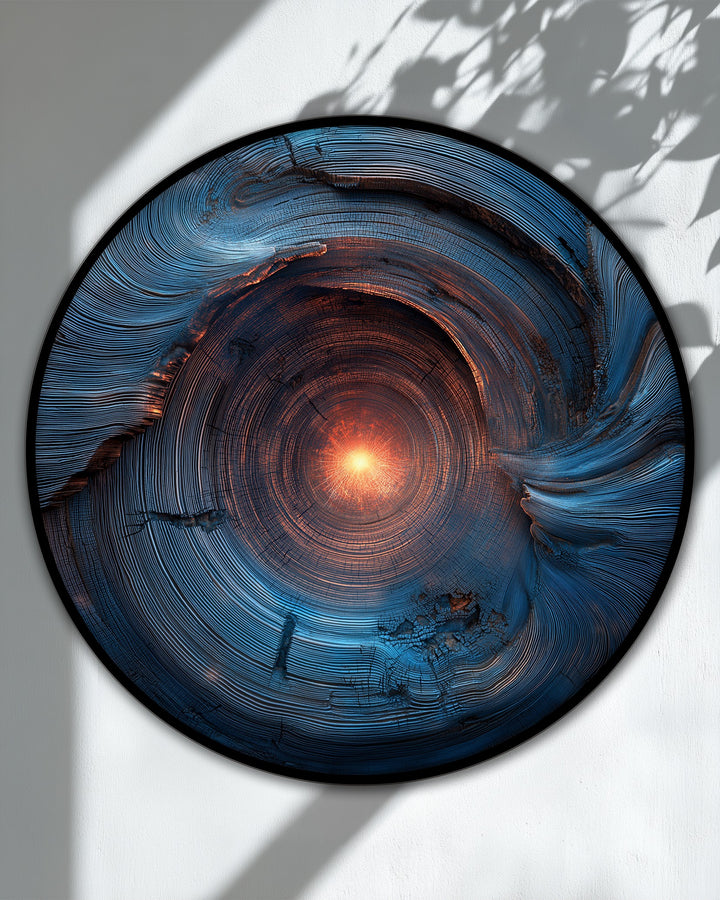 Light and shadow define the depth and texture in this radiant core abstract round canvas print, showcasing high quality canvas prints with a mesmerizing, energy-filled design.