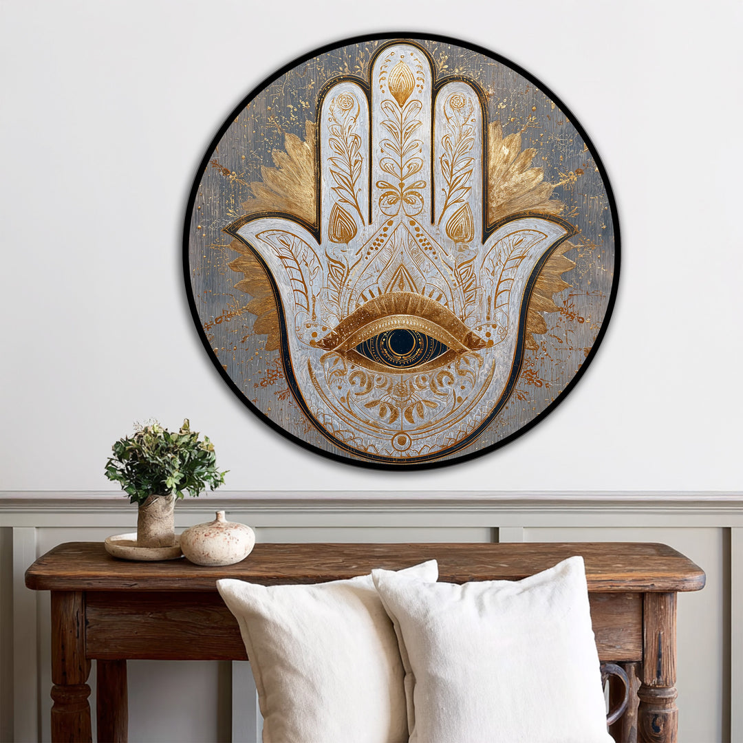 Circular sacred Hamsa eye modern oil painting art is showcased with geometric hand patterns and golden details, creating a balance of shapes and lines.