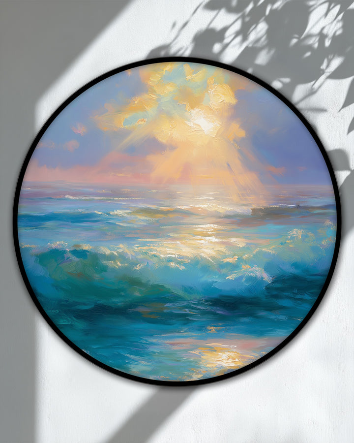 Sunlight creates a dramatic interplay of light and shadow across the golden light over turquoise waves in this serene ocean sunrise canvas artwork round canvas print.
