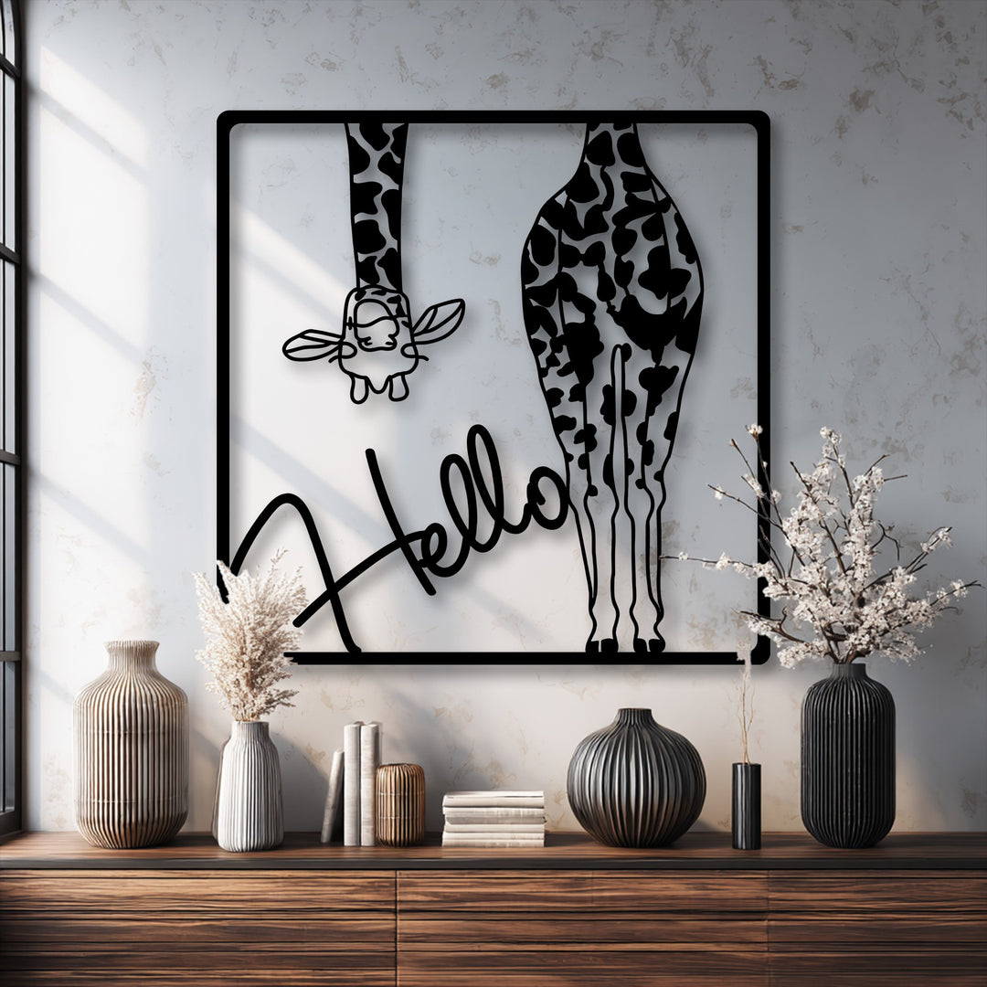 The unique metal wall art featuring a playful giraffe's head and body, alongside a cursive 'Hello,' is the captivating focal point.