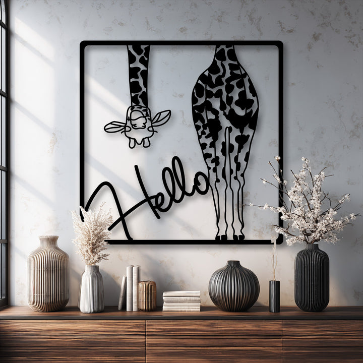 The unique metal wall art featuring a playful giraffe's head and body, alongside a cursive 'Hello,' is the captivating focal point.