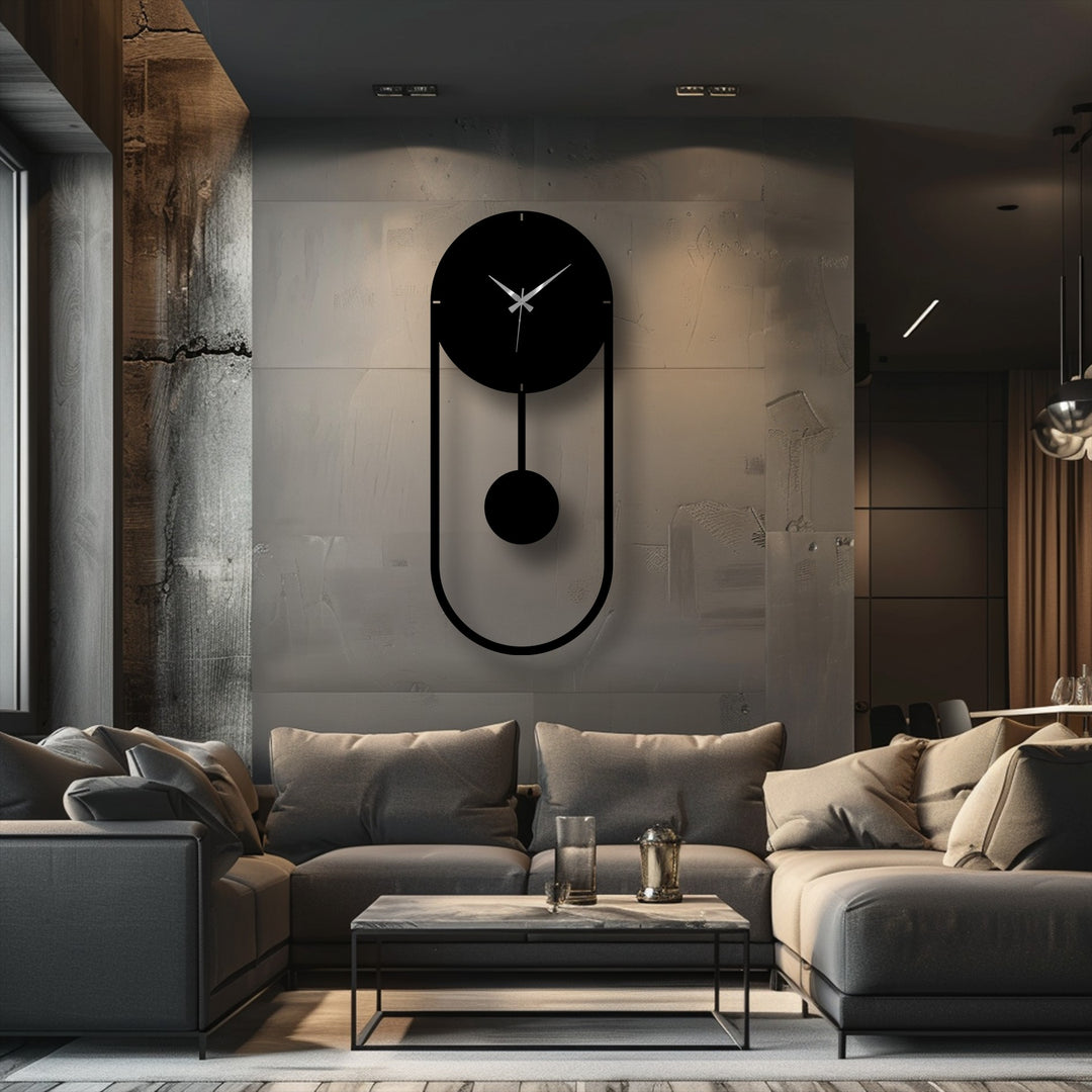 Elegant pendulum metal artwork clock with a modern vertical frame is the central subject, a minimalist wall accent with refined metal craftsmanship.