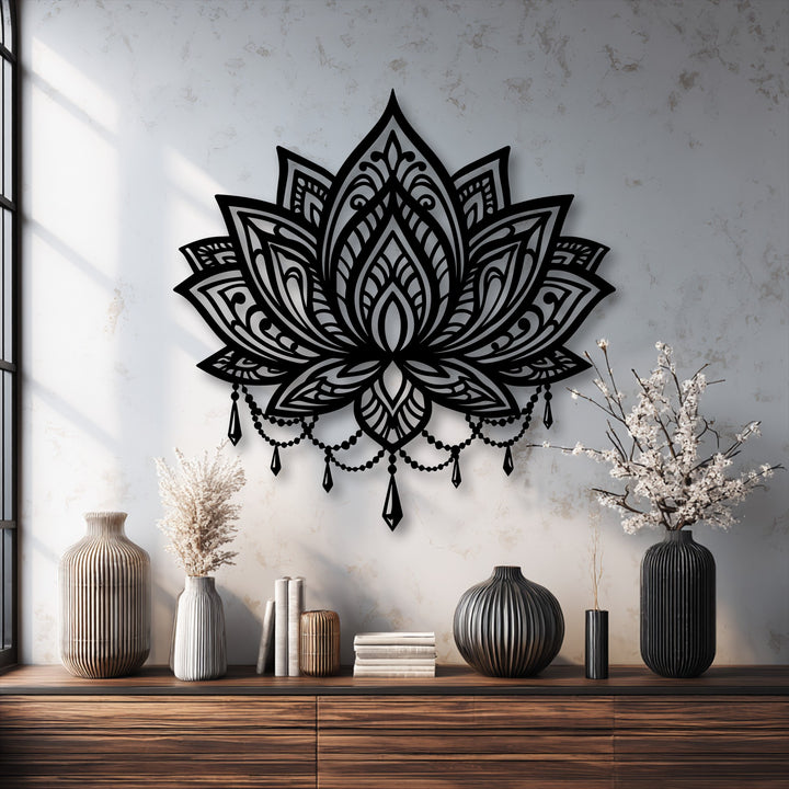 Stark color contrast highlights the intricate black Ornate Lotus Mandala unique metal wall art against a bright, textured wall.