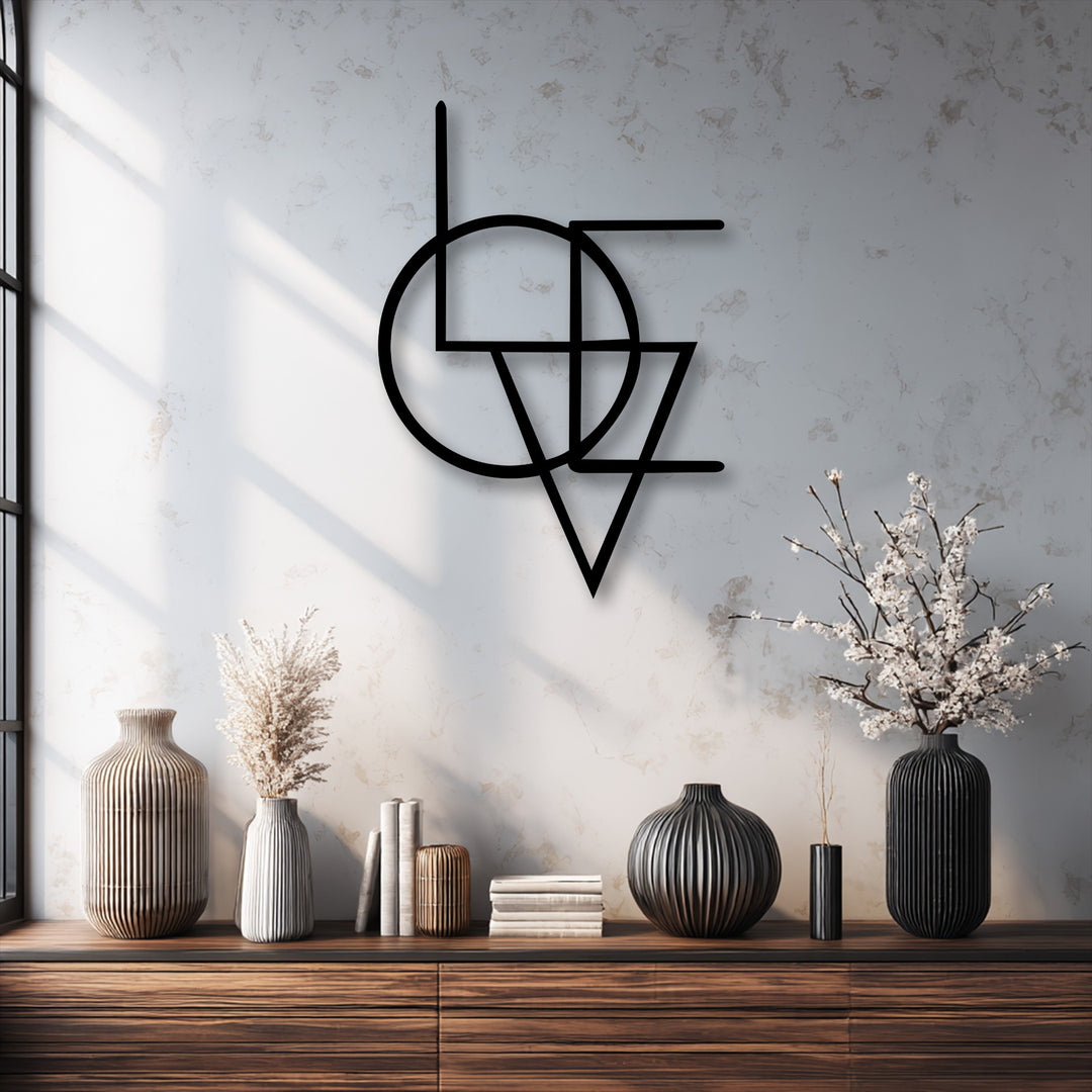 The brightest area of the textured wall spectacularly highlights the bold, abstract lines of the modern minimal metal artwork.