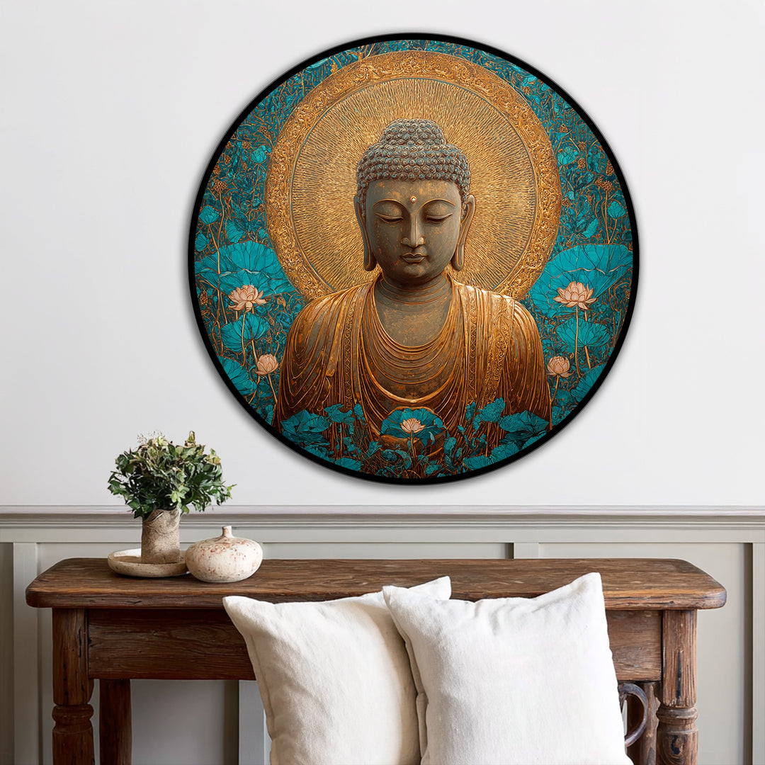 The golden Buddha in the oil painting art prints showcases a captivating layering effect with the figure, glowing halo, and lotus blossoms.