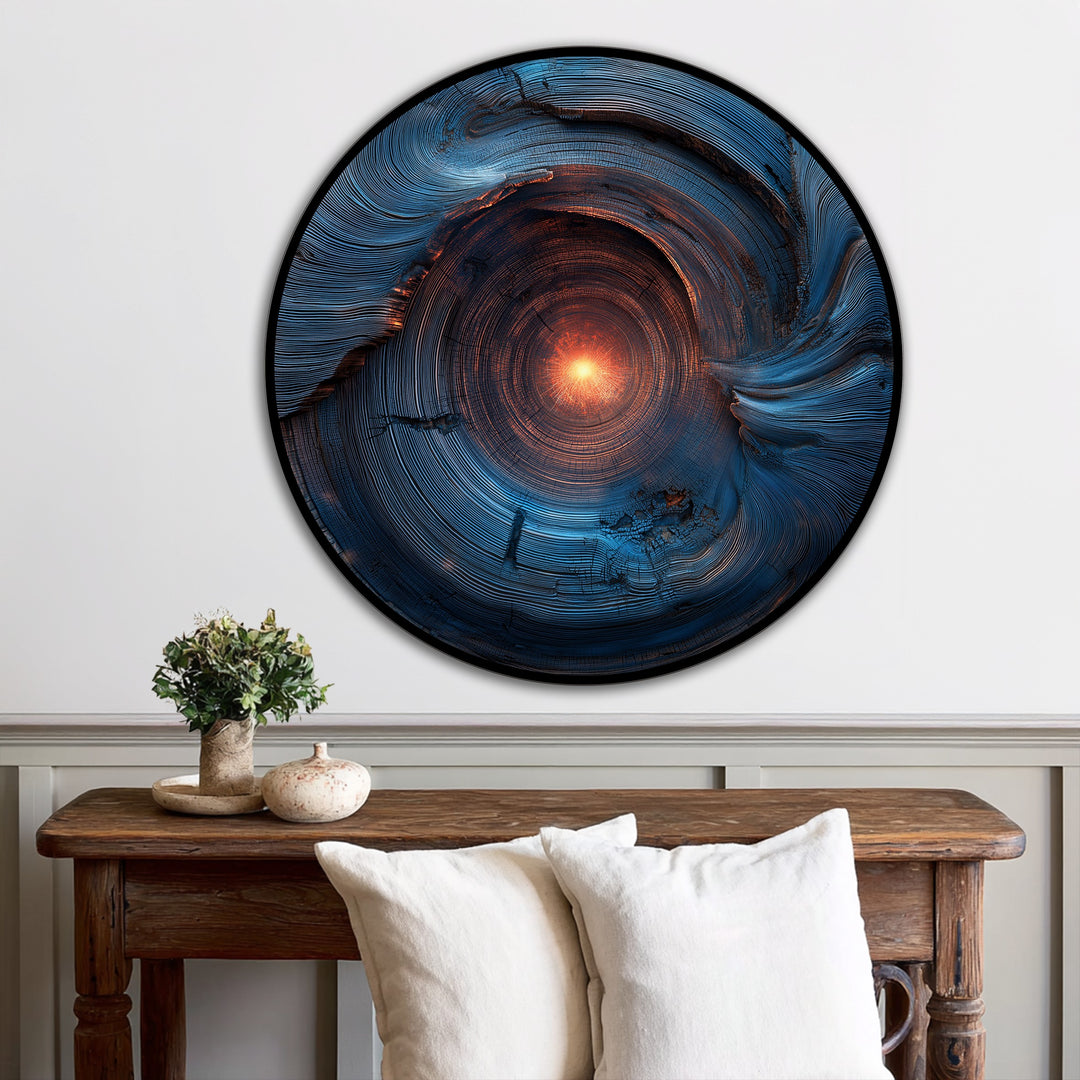 Núcleo Celestial – Espiral Azul Abstracta Redonda Cuadro al óleo sobre madera