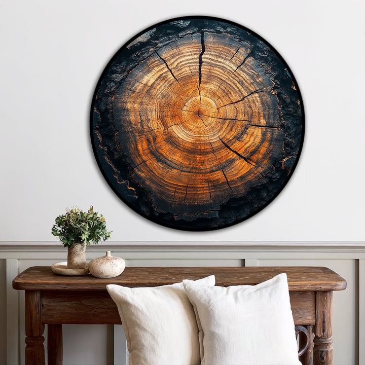 Defined by a sleek black border, the round oil painting art prints showcase a rustic tree core with eternal rings.