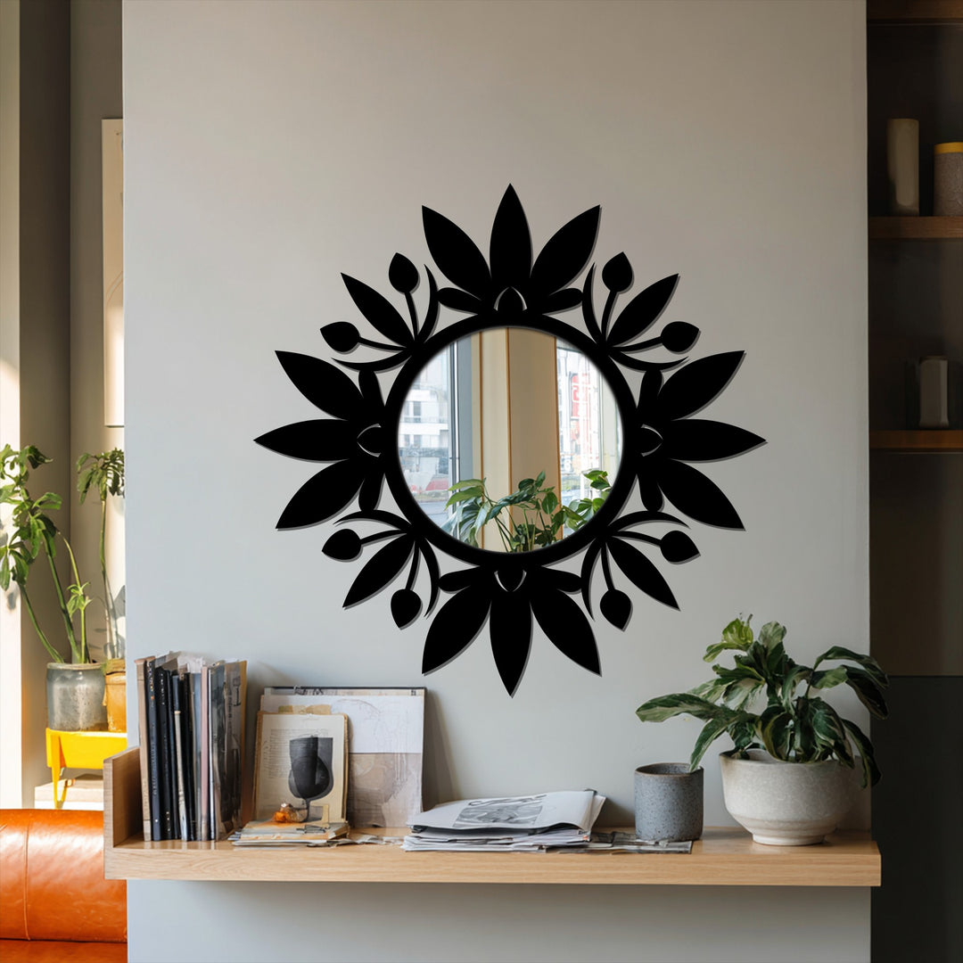 Floral Halo Round Decorative Wall Mirror – Modern Botanical Mirror Wall Decor