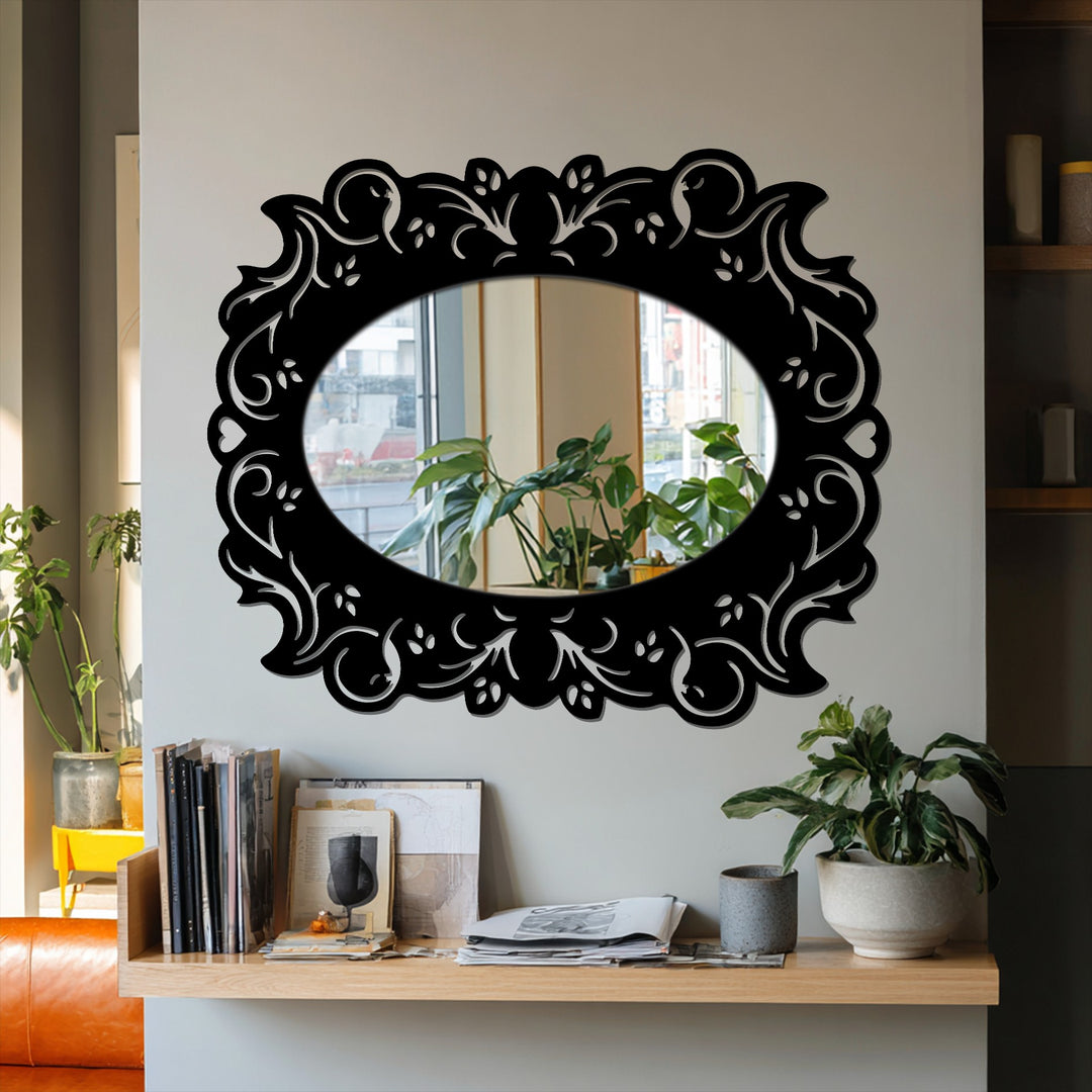 Focal point on the romantic floral frame of the decorative oval floor mirror, showcasing a unique stained glass wall mirror design element.