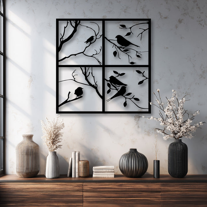 A rectangular four-panel design of bird silhouette metal art for wall showcases nature window frame decor.