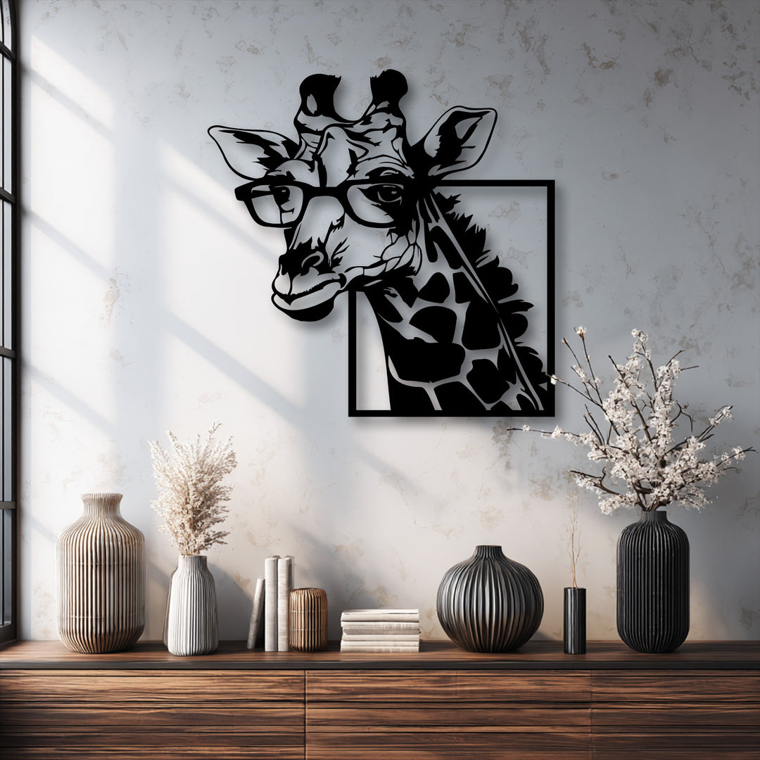 The warm color temperature of the room highlights the Stylish Giraffe with Glasses metal art for wall, contrasting with cool window light.