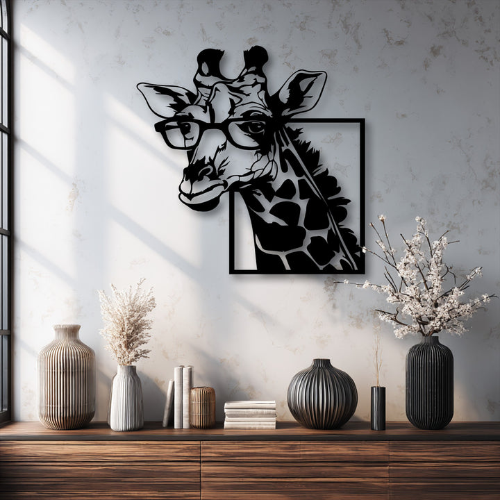 The warm color temperature of the room highlights the Stylish Giraffe with Glasses metal art for wall, contrasting with cool window light.