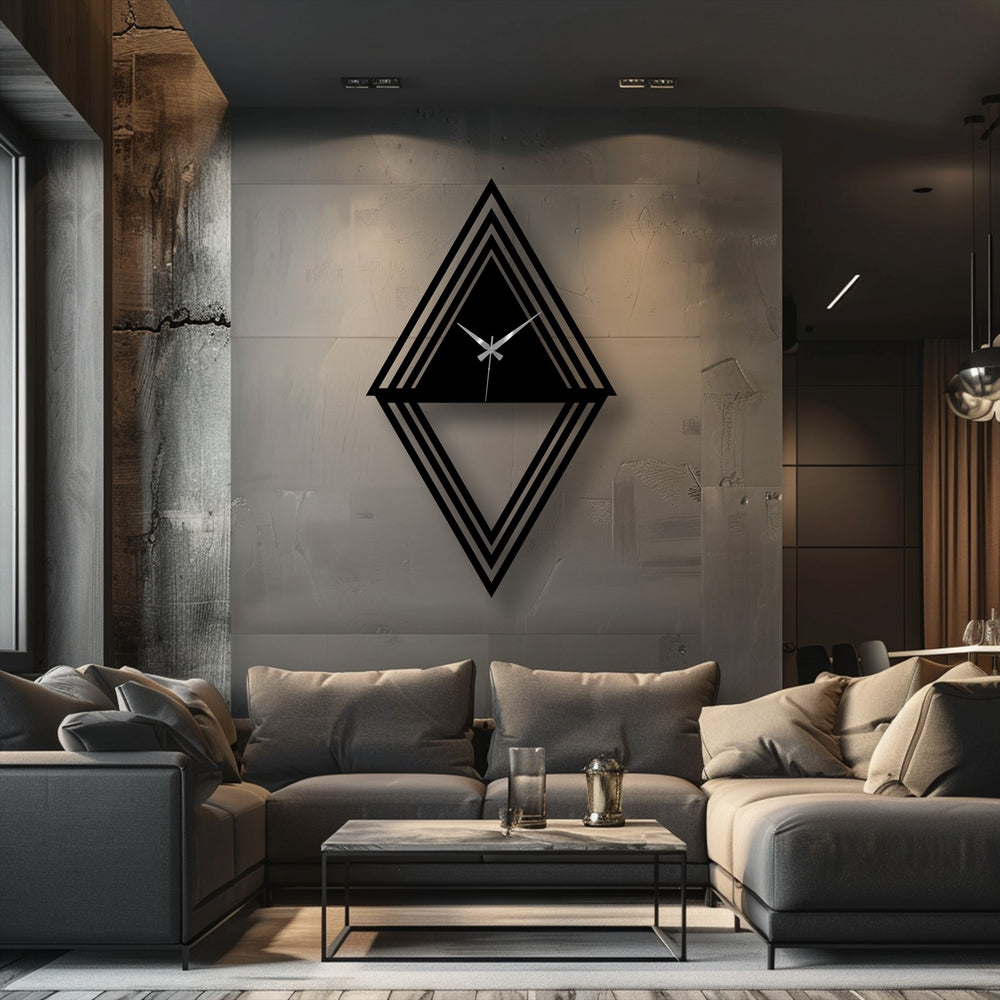 Featuring a textured gray backdrop that complements the geometric metal artwork clock and the neutral-toned furniture, enhancing the modern interior design.