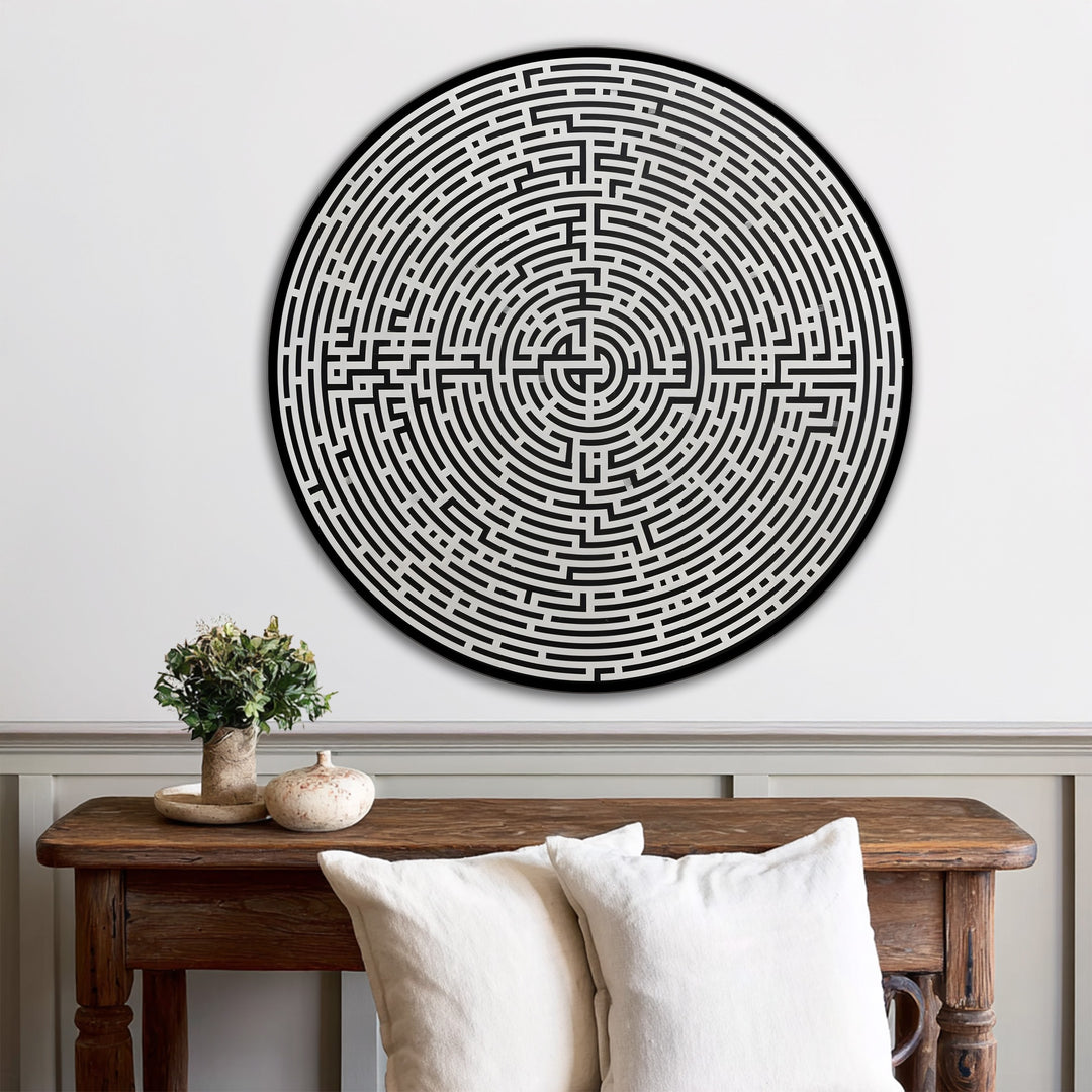 Bold black and white labyrinth design highlights the material quality of this round oil painting art piece on wood, showcasing its minimalist style.