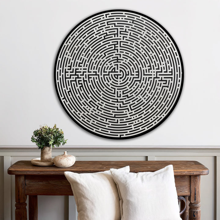 Bold black and white labyrinth design highlights the material quality of this round oil painting art piece on wood, showcasing its minimalist style.