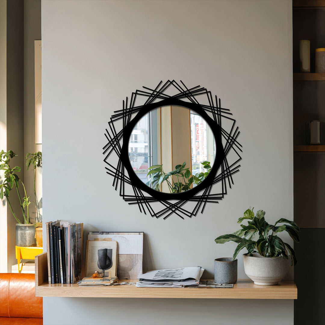 Round decorative mirror with architectural structure
