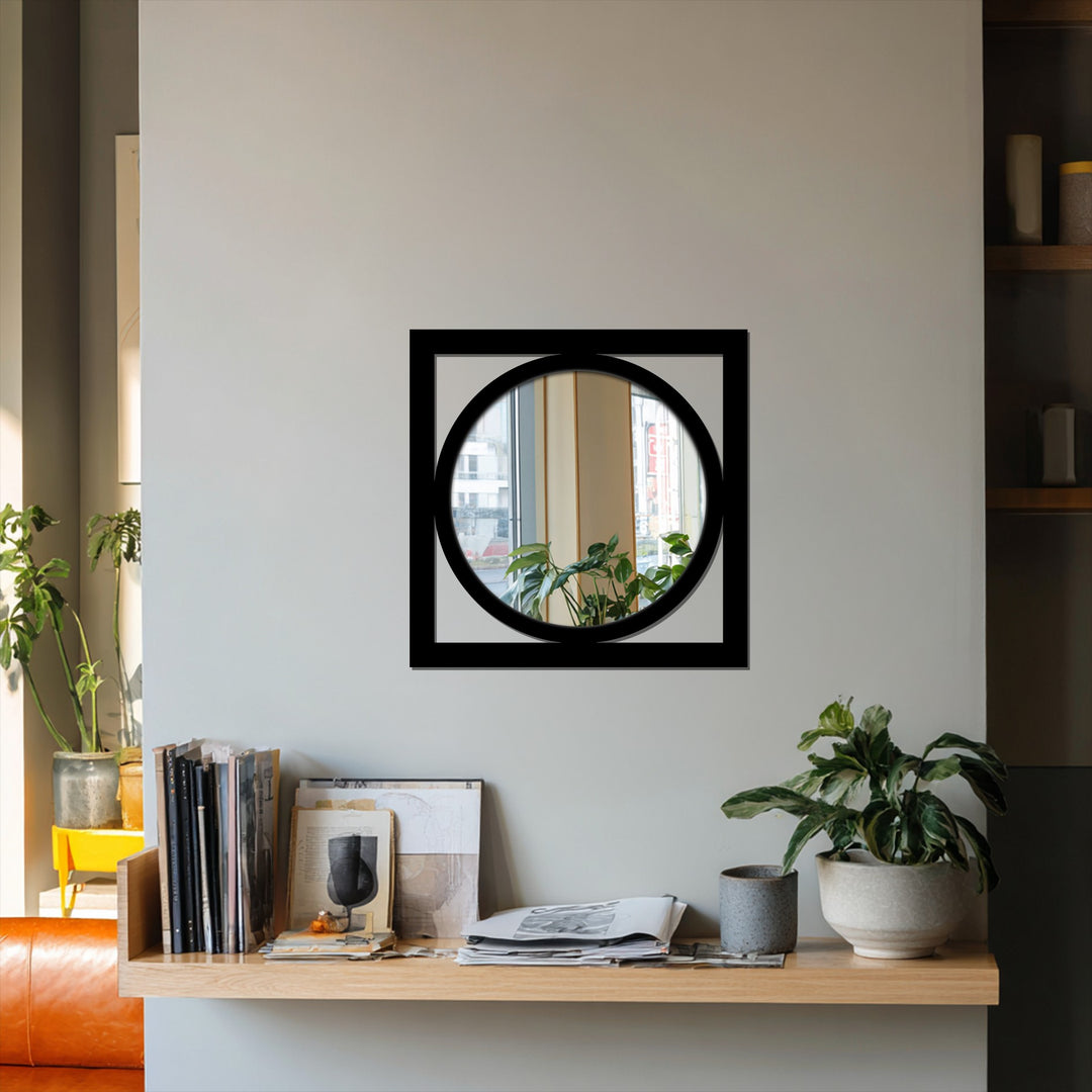 Vertically oriented square decorating with wall mirrors features a round interior design, offering a modern minimalist aesthetic.