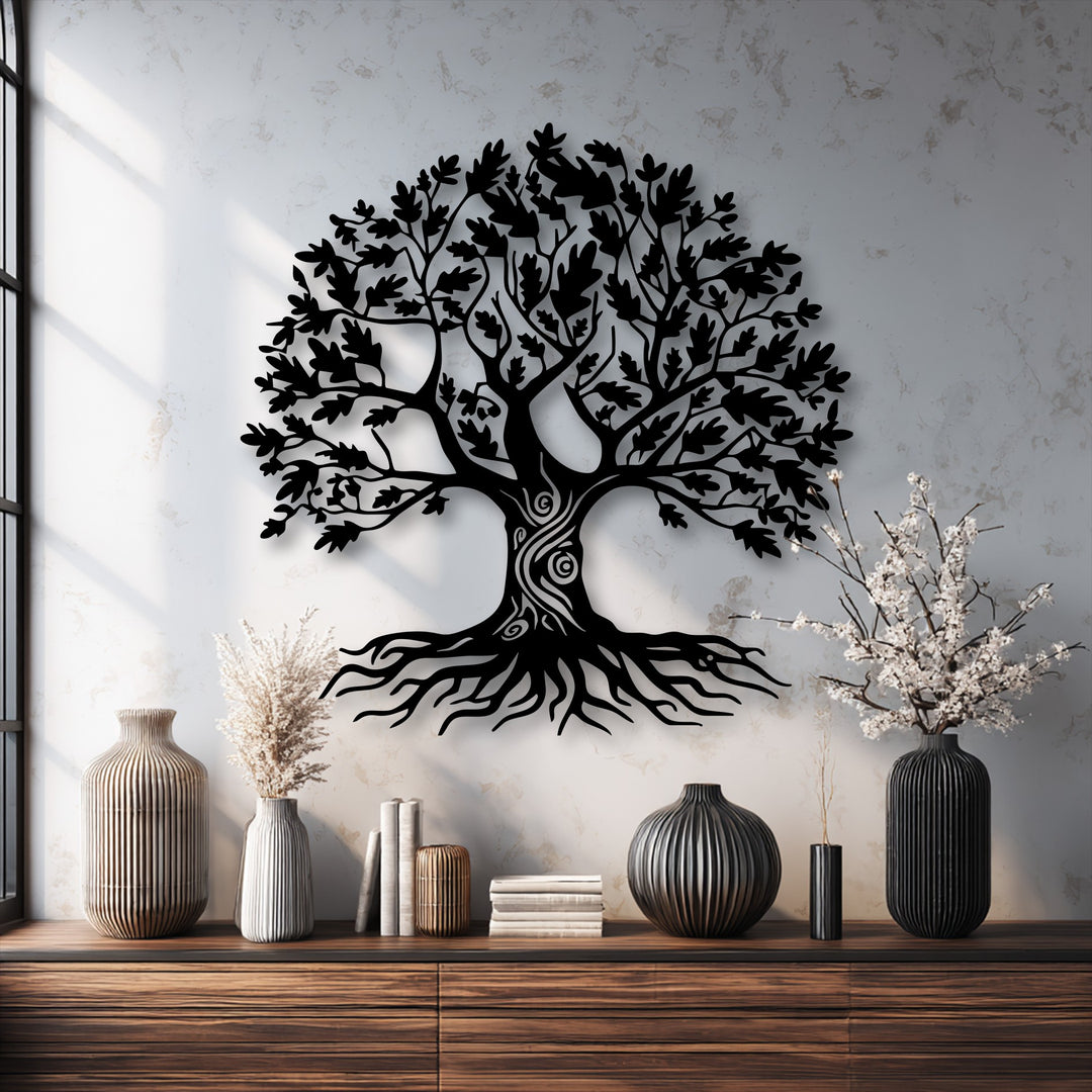 The warm color temperature creates an inviting ambiance around the unique metal wall art depicting a Tree of Life with subtle shadows.