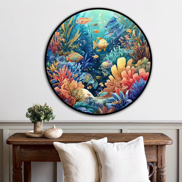 Abundant color saturation brings this tropical coral reef round oil painting art prints vividly to life, teeming with golden fish swimming through colorful coral.