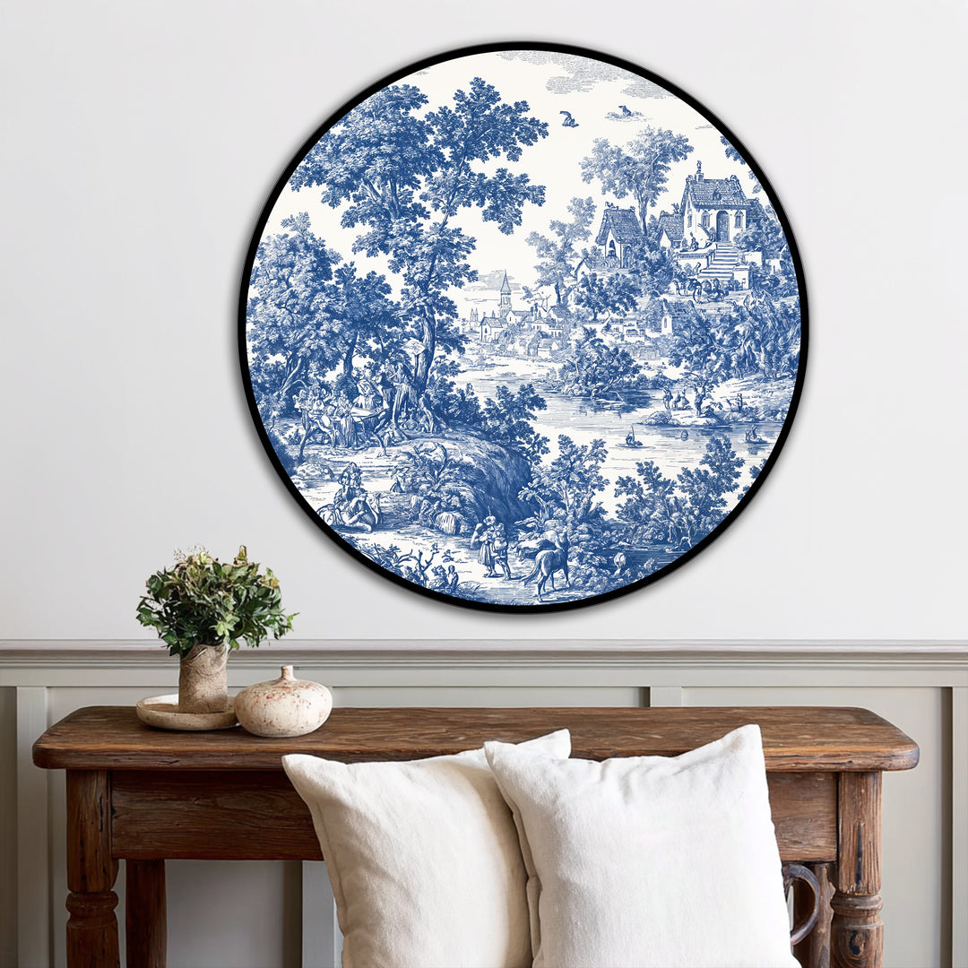 Evoking a peaceful, pastoral mood, this round oil painting reproduction print displays a classic blue toile countryside scene.