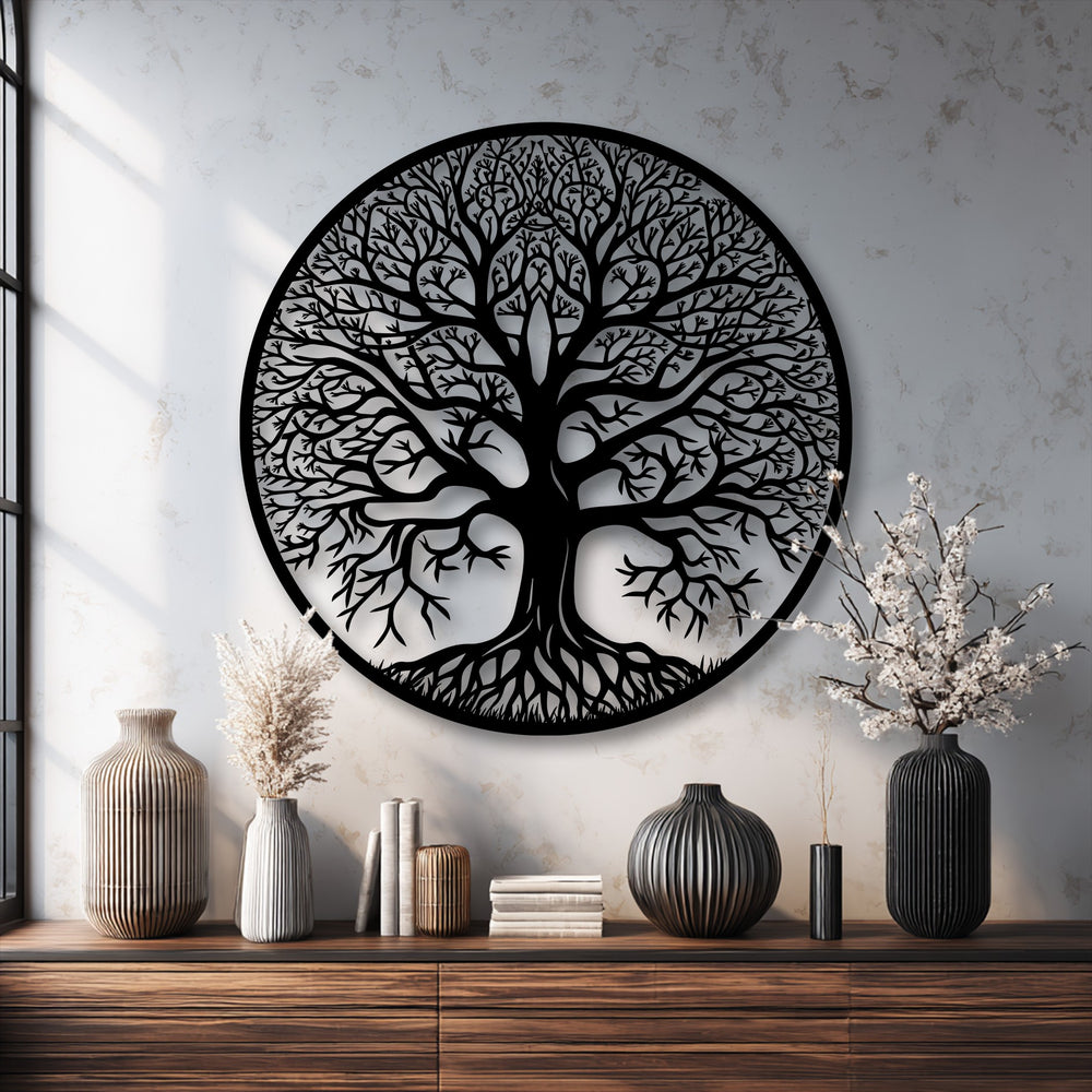 The layering effect of the black Tree of Life decorative metal art creates a striking shadow against the light wall, enhancing depth.