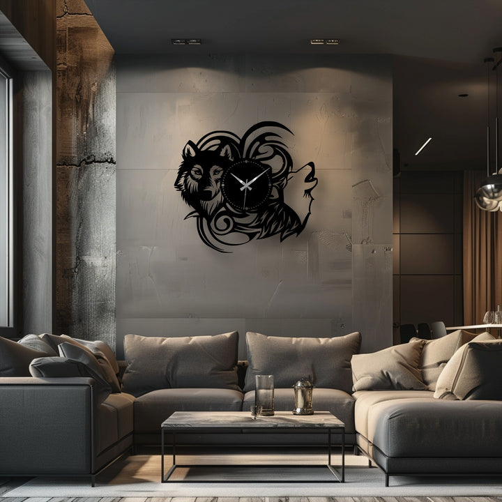 Evoking a sense of motion, the spiraling decorative metal art of this mystic wolf silhouette wall clock captures the untamed spirit of the tribal animal design.