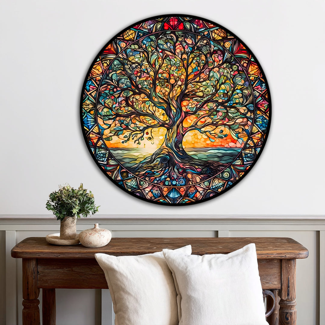 Armonía Radiante – Vitral Árbol de la Vida Redondo Cuadro al óleo