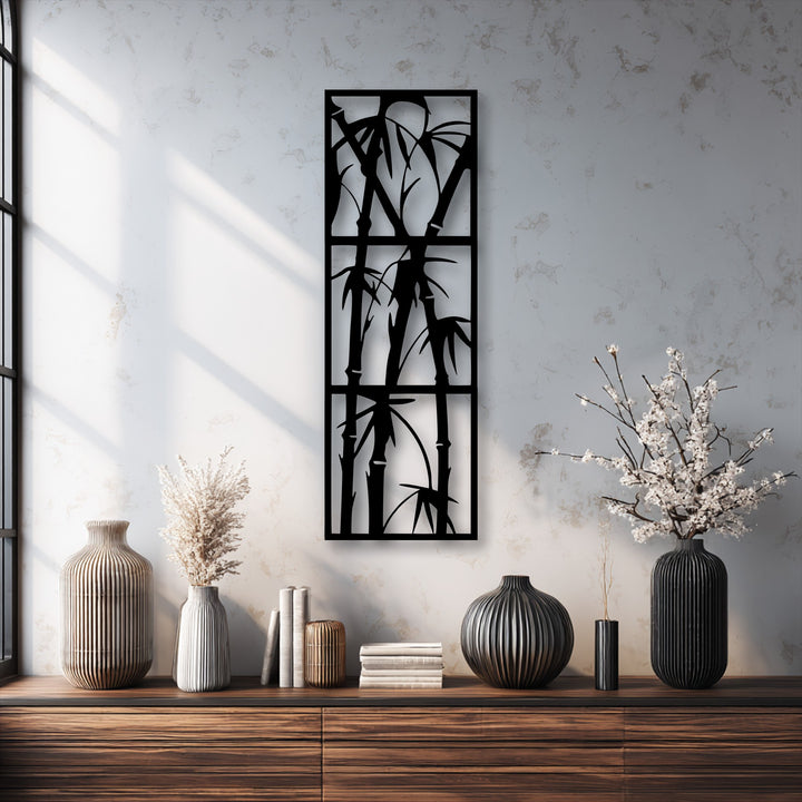 Crafted with exceptional material quality, this black metal art for wall beautifully renders a minimalist bamboo design, ensuring lasting elegance.
