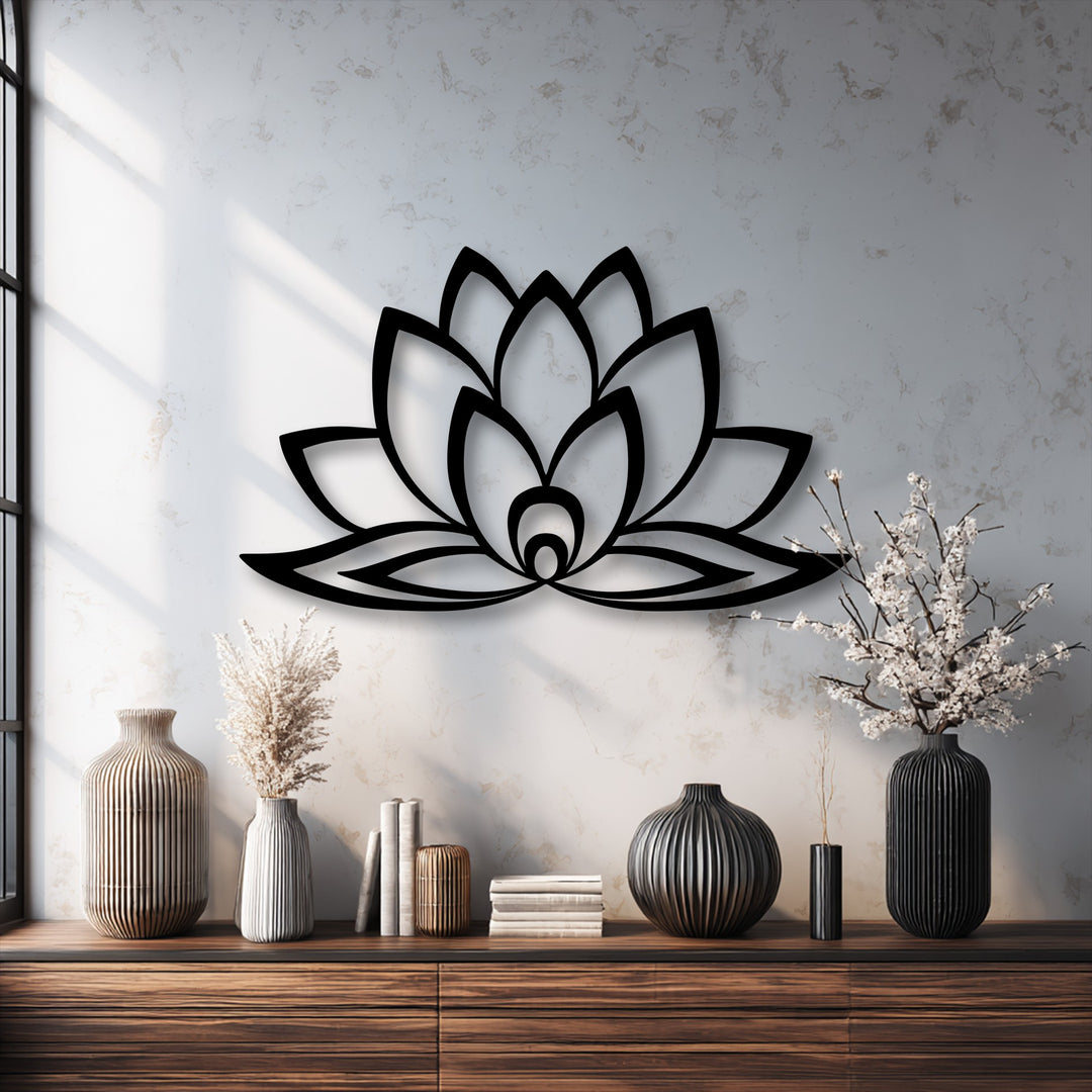 The abstract quality of the minimal lotus bloom decorative metal art creates a serene focal point.
